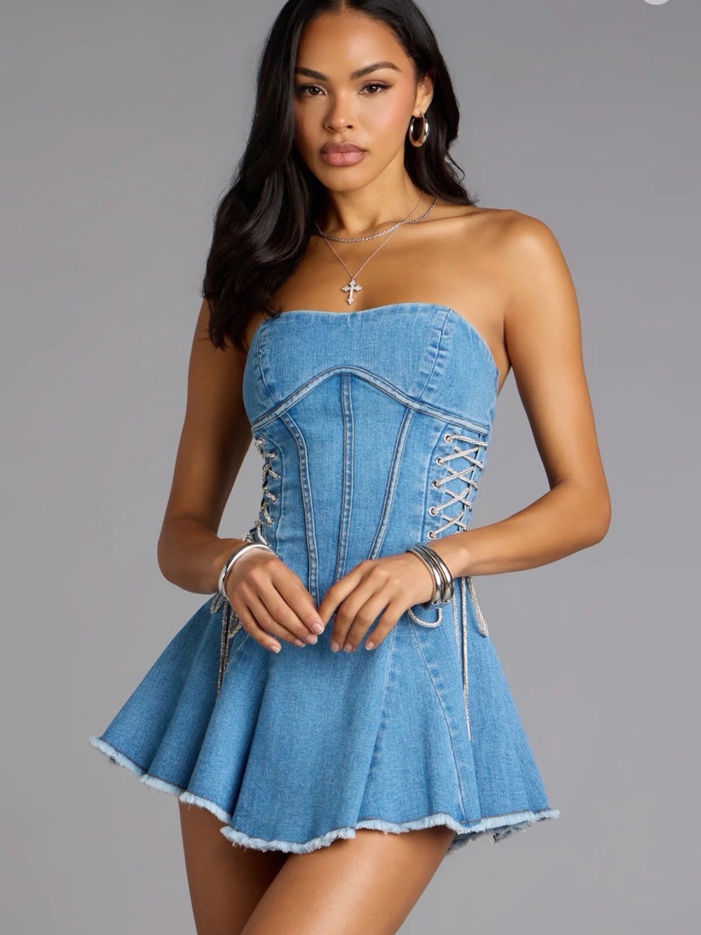 Windsor Laced In Denim Strapless Mini Dress